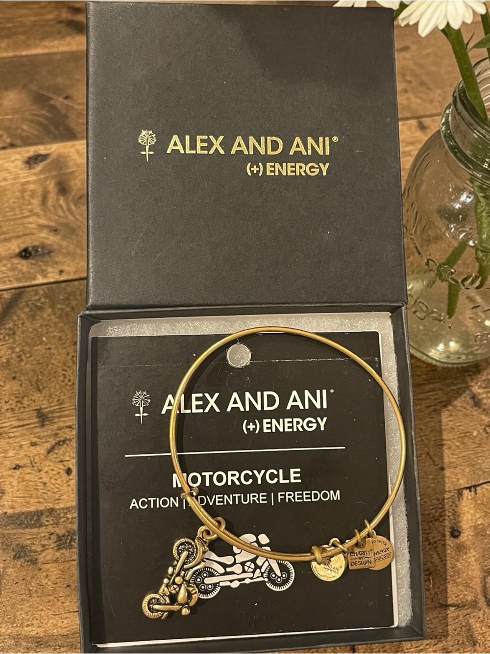 🪷 Alex and Ani Gold Motorcycle Charm Expandable Bangle with Box & Cards